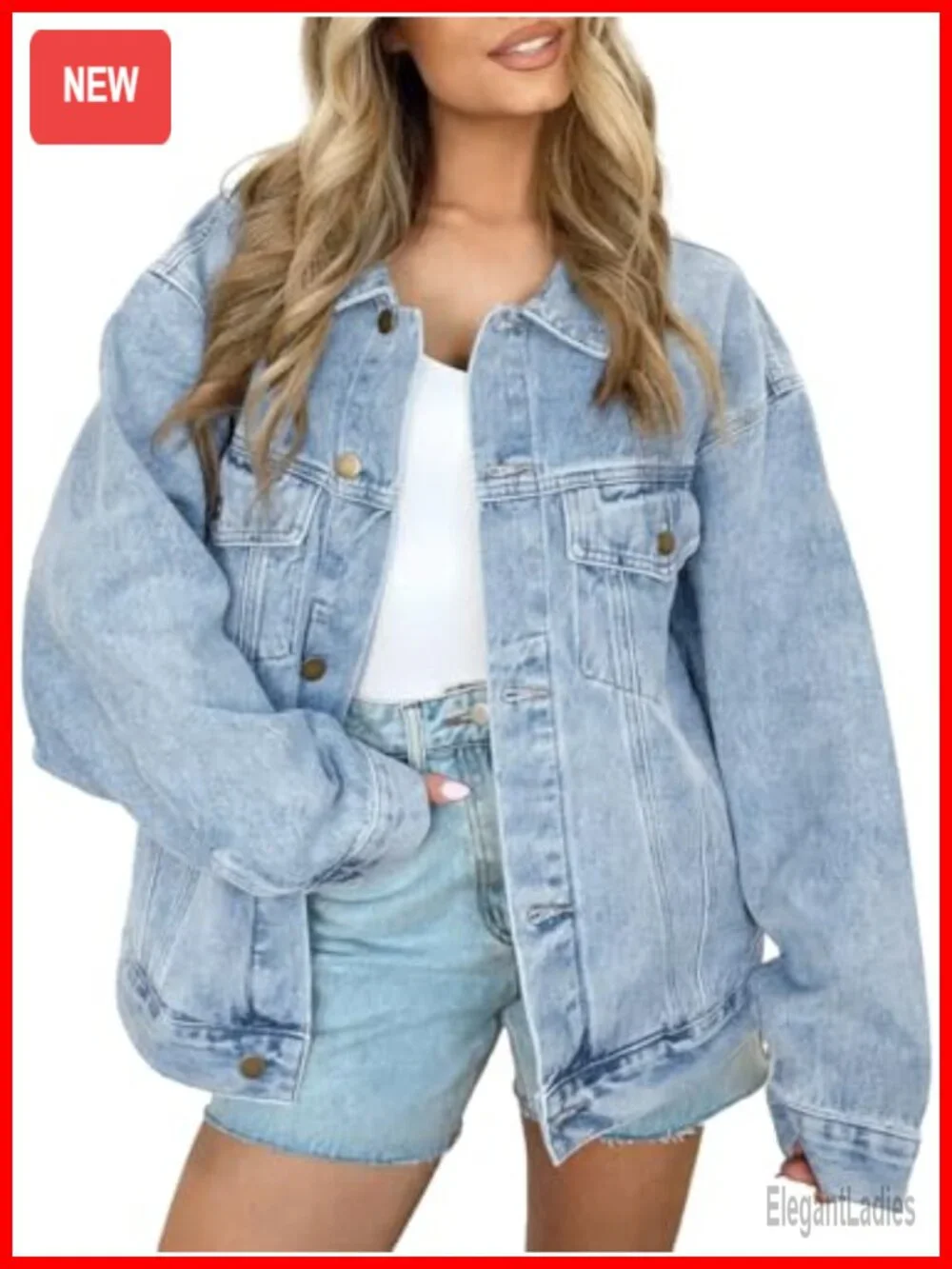 Oversized Boyfriend Denim Jacket with Chest Pockets, Loose Fit Cotton